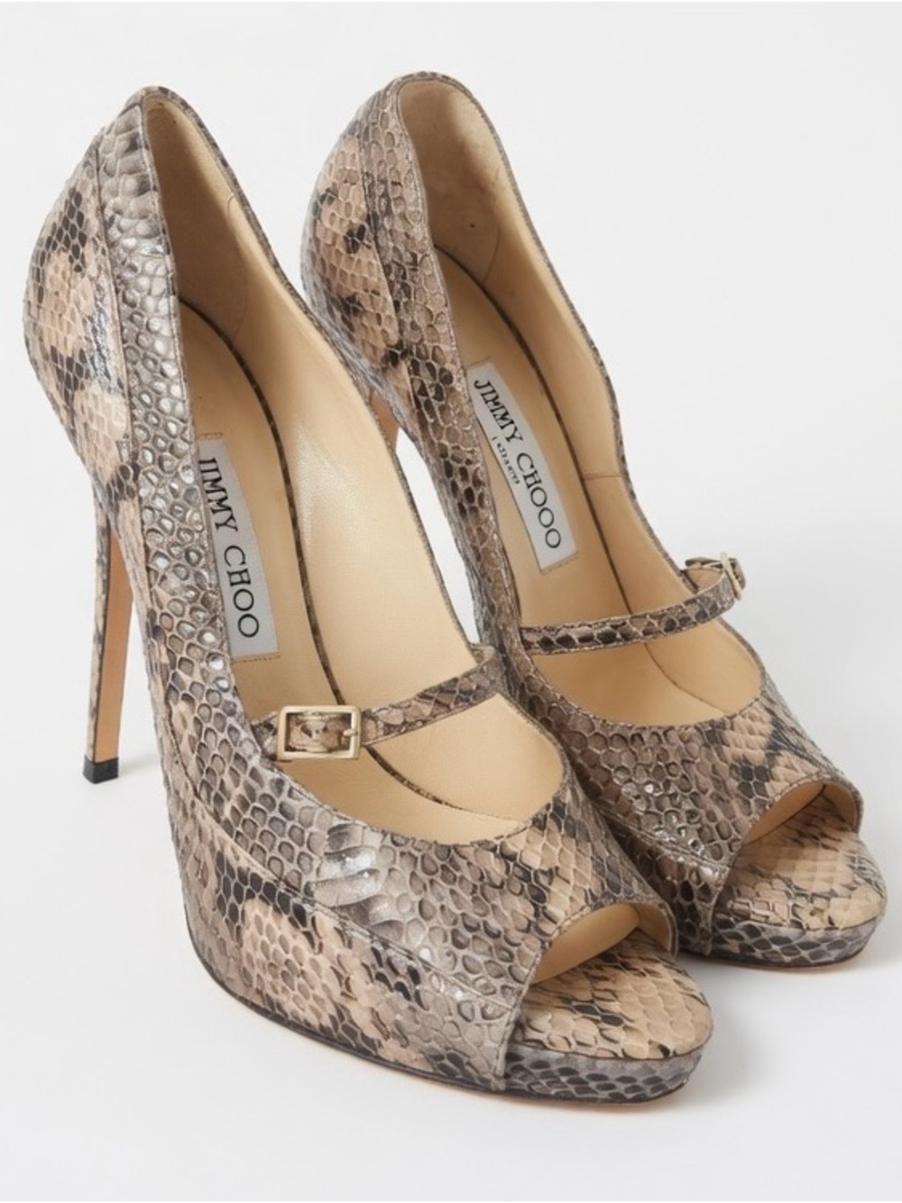 Vintage Jimmy Choo Circa 1990’s Taupe Snake Skin Peep-Toe Mary Jane Pumps!
Sz 39